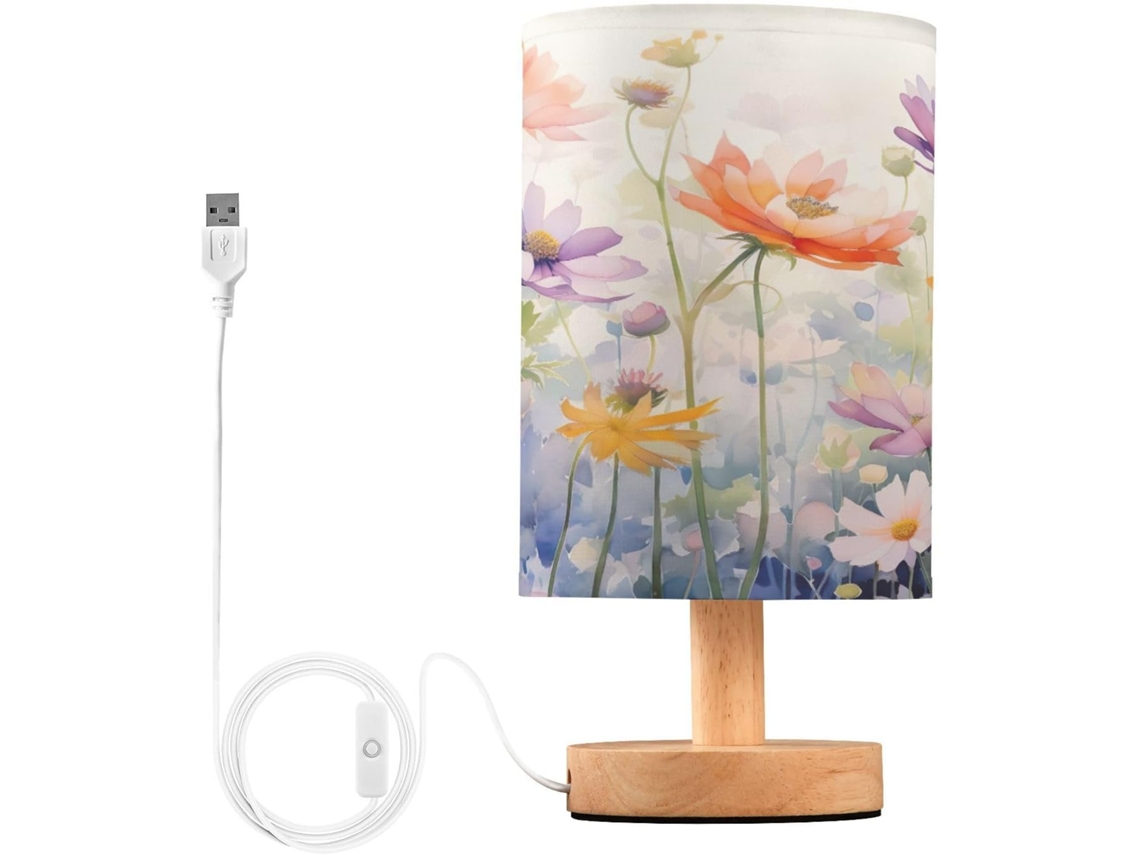 Luminária De Cabeceira Led Com Portas Usb Leitura Mesa Para Quarto Cúpula Tecido E Base Madeira Escritório Dormitório