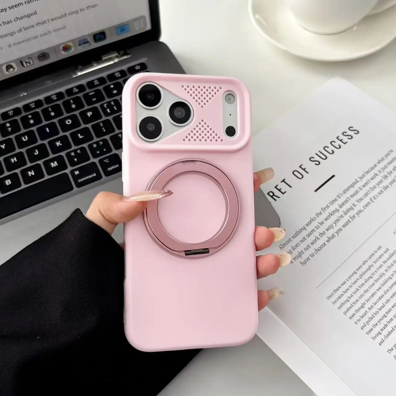 Capa Transparente Magnética Com Suporte De Anel Metálico (para Iphone 12 Rosa), Textura Fosca.