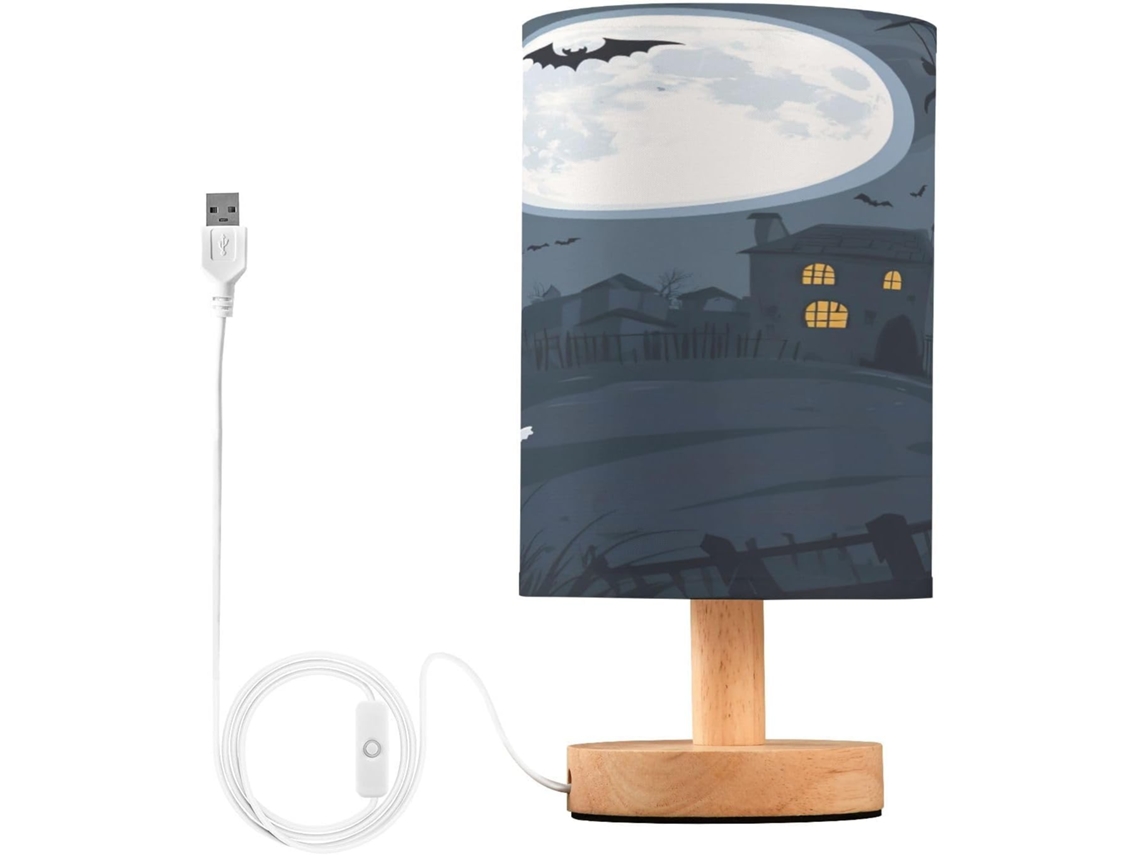 Luminária De Cabeceira Skyshu Halloween Boo Pequena Mesa Led Usb Com Base Madeira Antiderrapante E Cúpula Que Não Agride