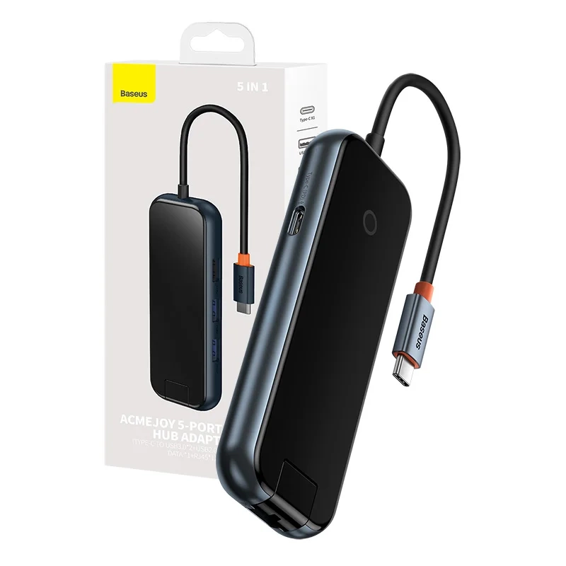 Hub USB-C 5 em 1 Baseus para 2 portas USB-3.0, USB-2.0, PD, RJ45 para computador, laptop e PC