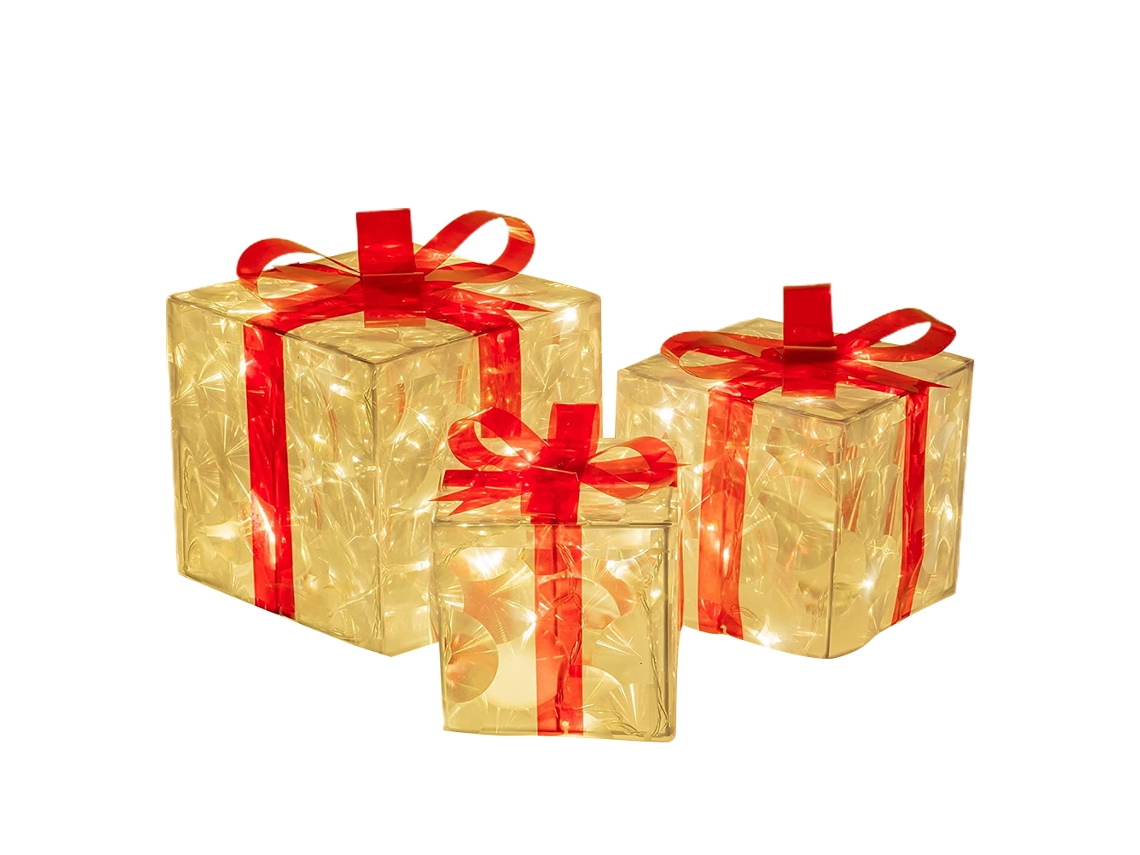 Laxiscreed Conjunto De 3 Caixas Decorativas De Presente Com Luz Natalícia E Laços Vermelhos
