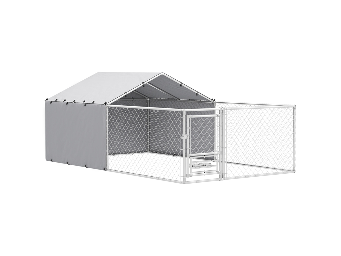 Recinto para cães com tampas e tigelas giratórias em aço e tecido Oxford 4x2,3x1,5 M Prata | S/MARCA