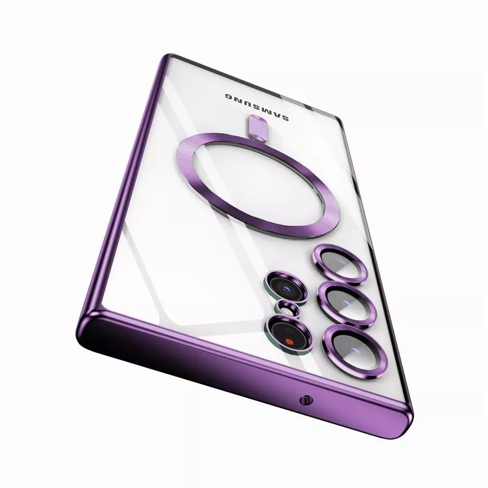(roxo Samsung S24) Capa Transparente Magnética Eletroplaqueada Para Celular Samsung, Compatível Com Carregamento Sem Fio Magsafe.