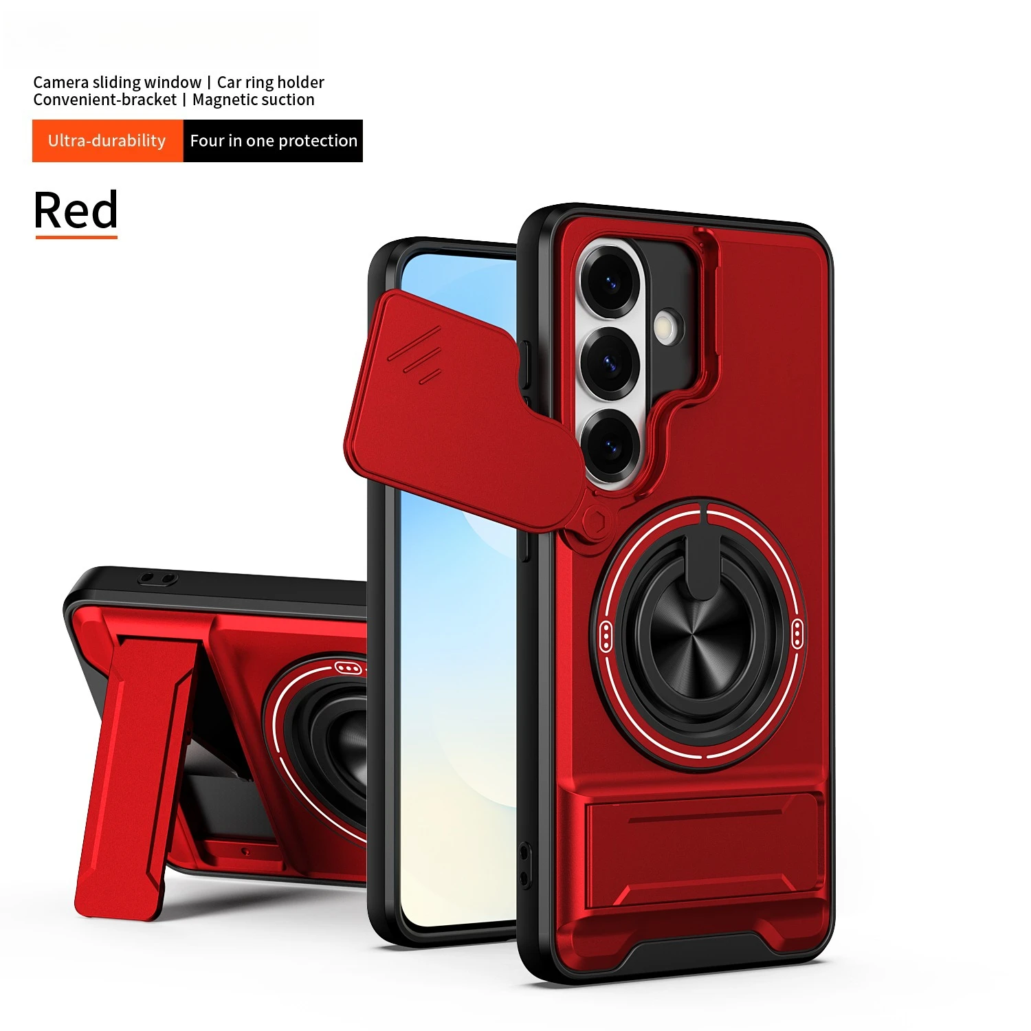 Capa Para Celular Com Suporte Magnético Giratório 360° E Anel Deslizante Para Lente (galaxy A26 5g Vermelho).