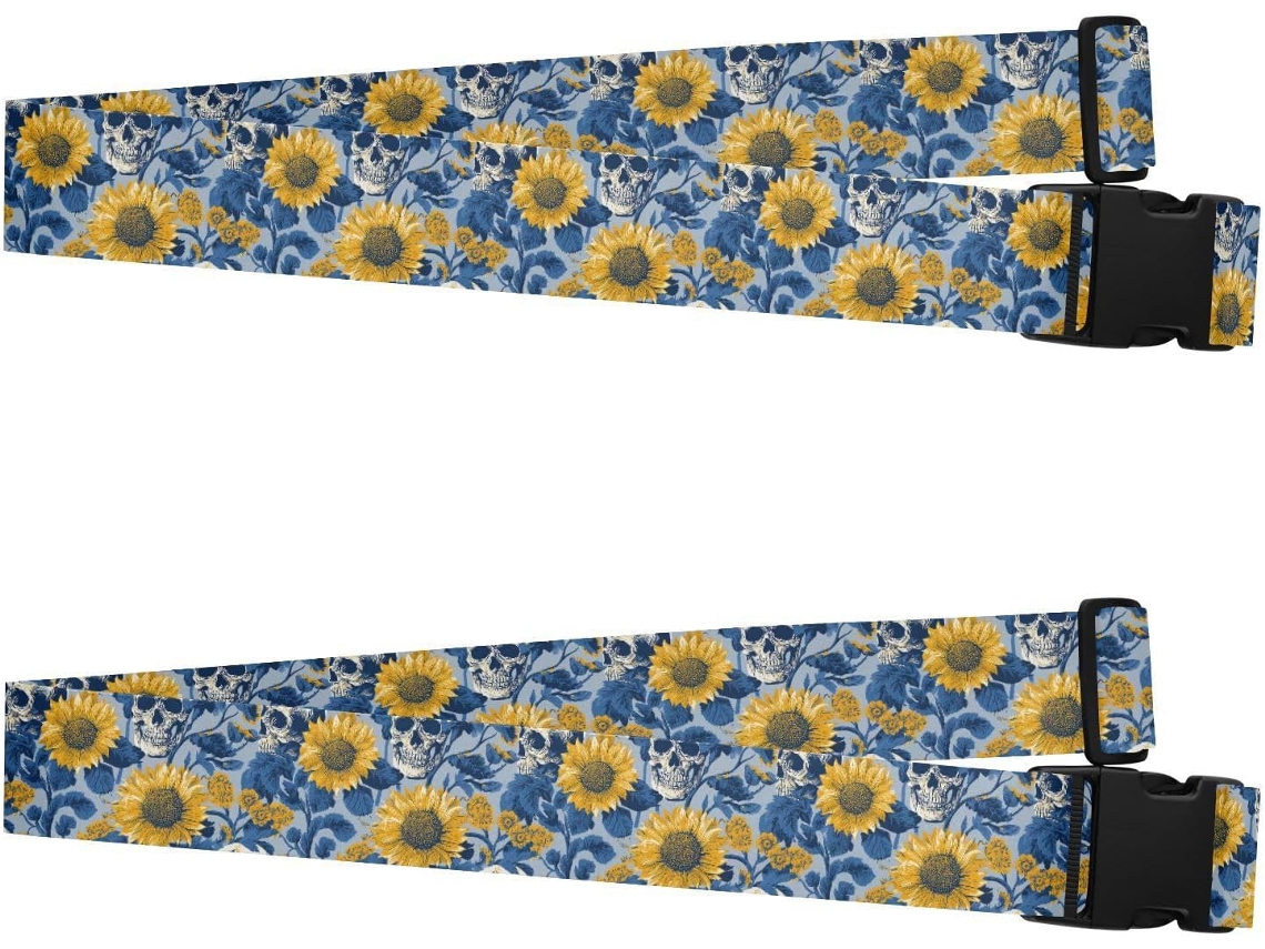 Conjunto De 2 Cintas Bagagem Estilo Ukiyo E Japonesas Com Estampa Girassol Caveira Azul Marinho, Ajustáveis E Seguras