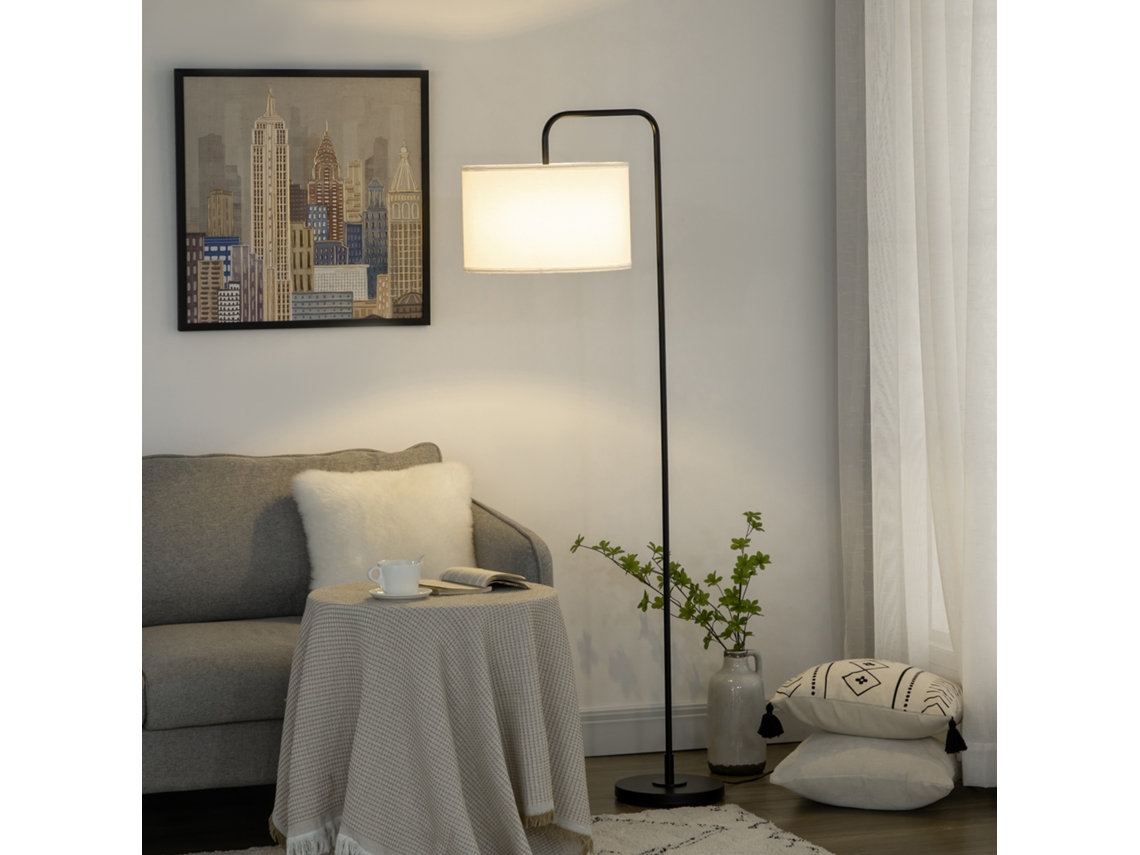 Luminária de Chão Moderna em Aço com Cúpula em Tecido com Efeito Linho. 64x38x163,5 Cm. Preto e Branco. EHSTMIND