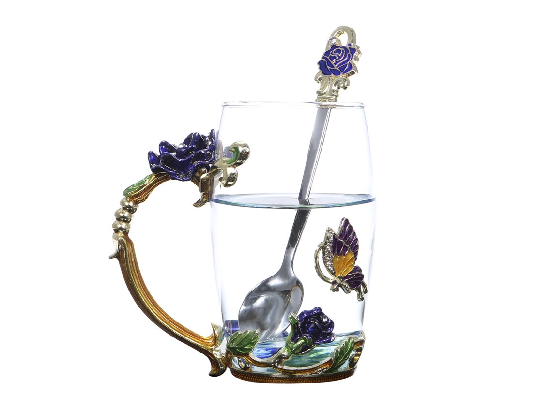 Taza De Esmalte Blue Rose Com Alça, Colher E Toalha De Limpeza, 350ml, Para Chá/café, Presente, Portátil