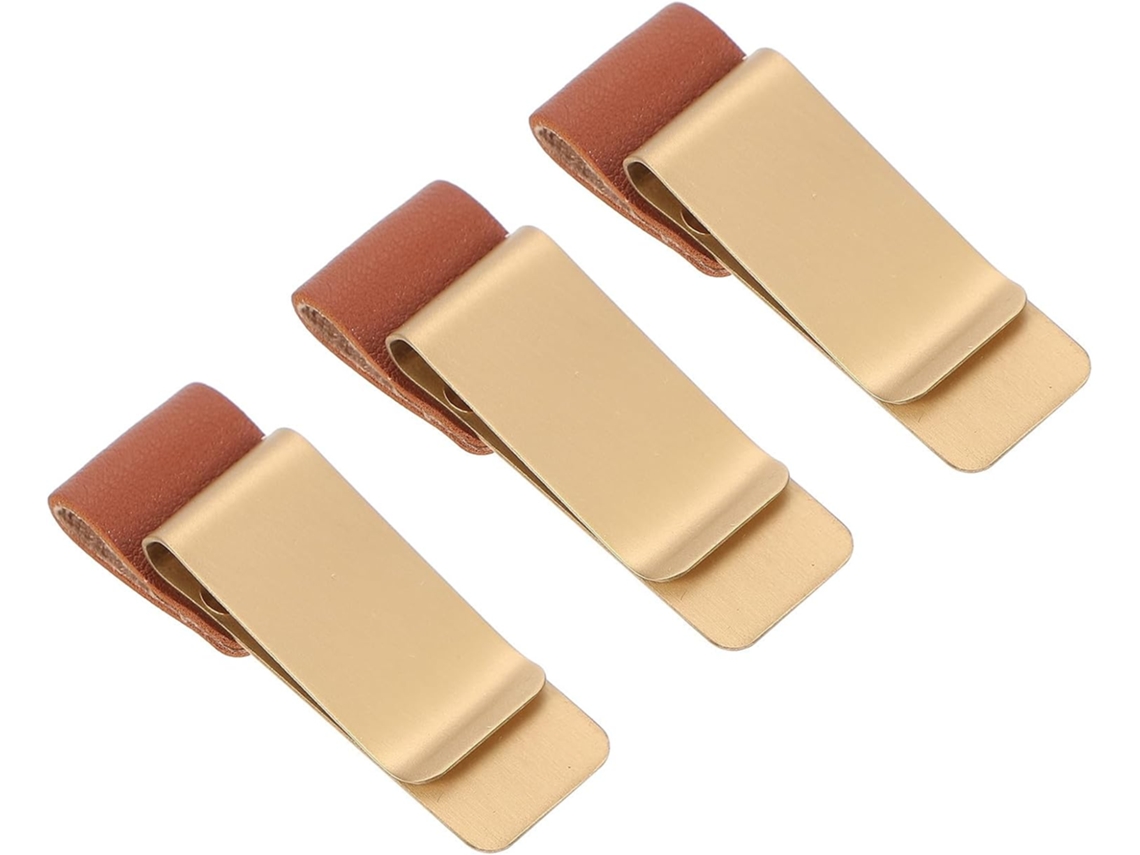 Conjunto Baluue com 3 clipes retrô de metal, em aço inoxidável e couro dourado, para organizar papéis na sua mesa e na sua escola.