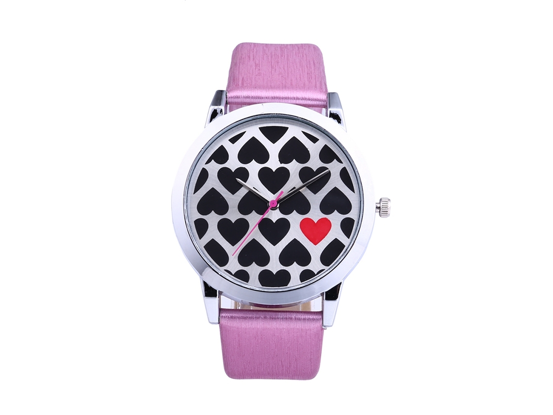 Relógio Feminino de Pulso Quartzo com Pulseira Pu e Padrão de Coração Rosa