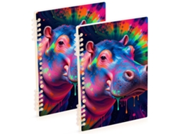 Conjunto de 2 Cadernos Espiral Coloridos com Estampa Hipopótamo, 21,1 X 14,5 Cm, Capa Dura, 60 Folhas, para Us
