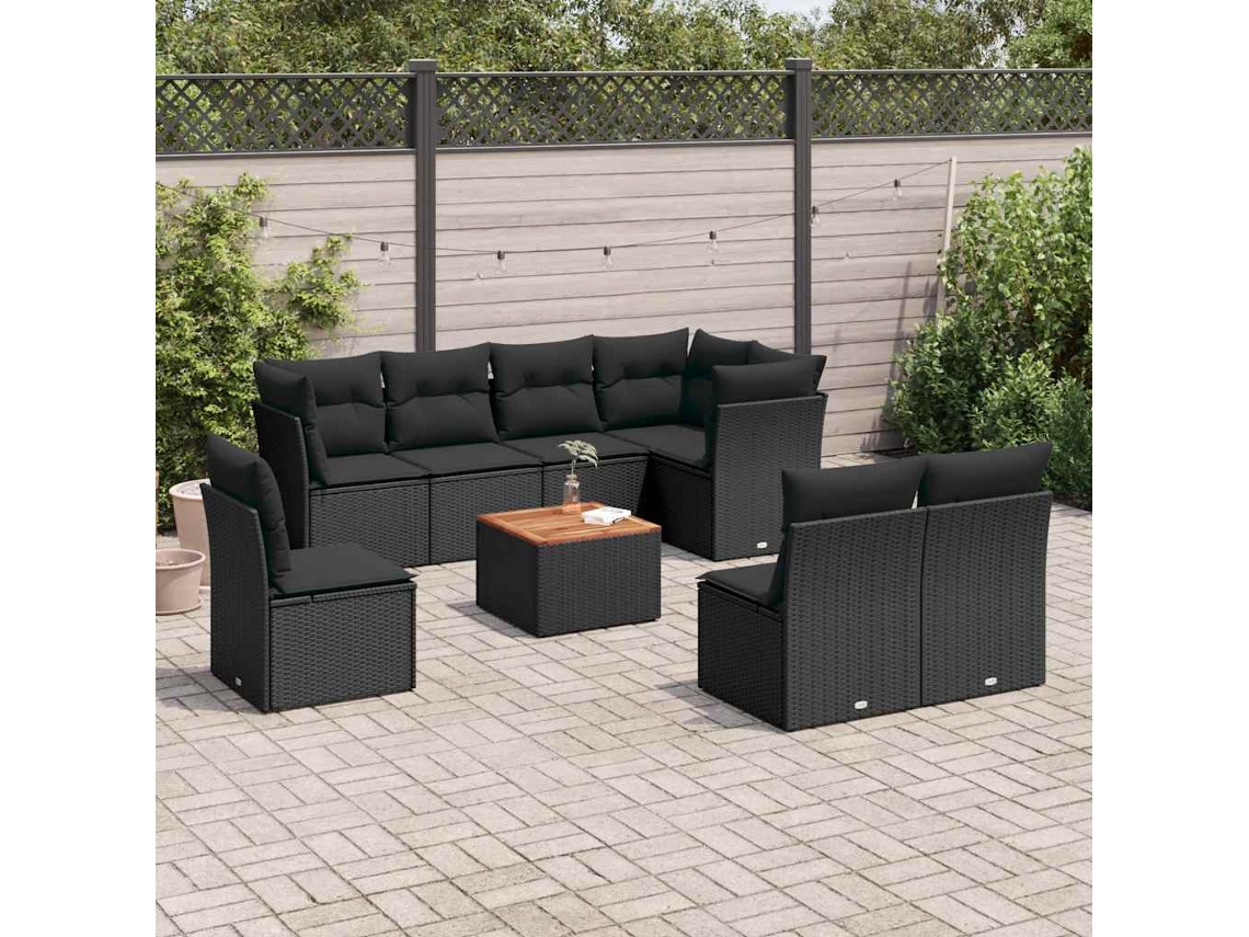 Vidaxl 9 Pcs Conjunto De Sofás P/ Jardim C/ Almofadões Vime Pe Preto