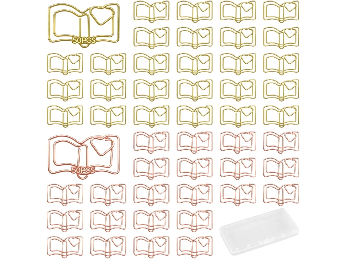 Clips De Papel Em Formato Livro, Nas Cores Ouro Rosa E Dourado, Com Estampa De Coração, Pacote Com 100 Unidades