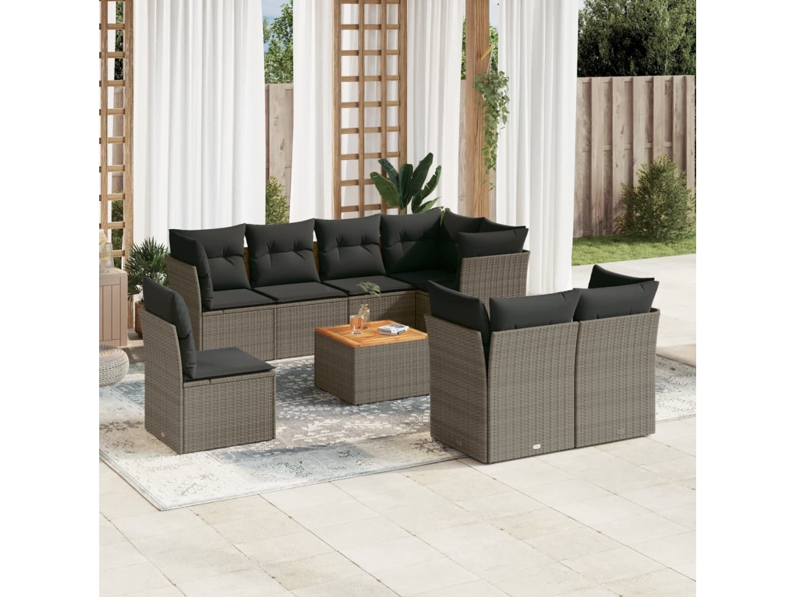 Vidaxl 9 Pcs Conjunto Sofás P/ Jardim Com Almofadões Vime Pe Cinzento