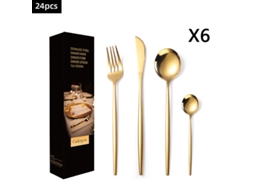 Conjunto De Talheres De Aço Inoxidável (24 Peças - Dourado) Com Faca, Garfo E Colher.