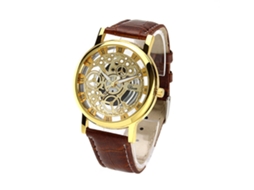 Reloj Electrónico Com Esfera Oca De Couro Pu Para Homem E Mulher (dourado Marrom)