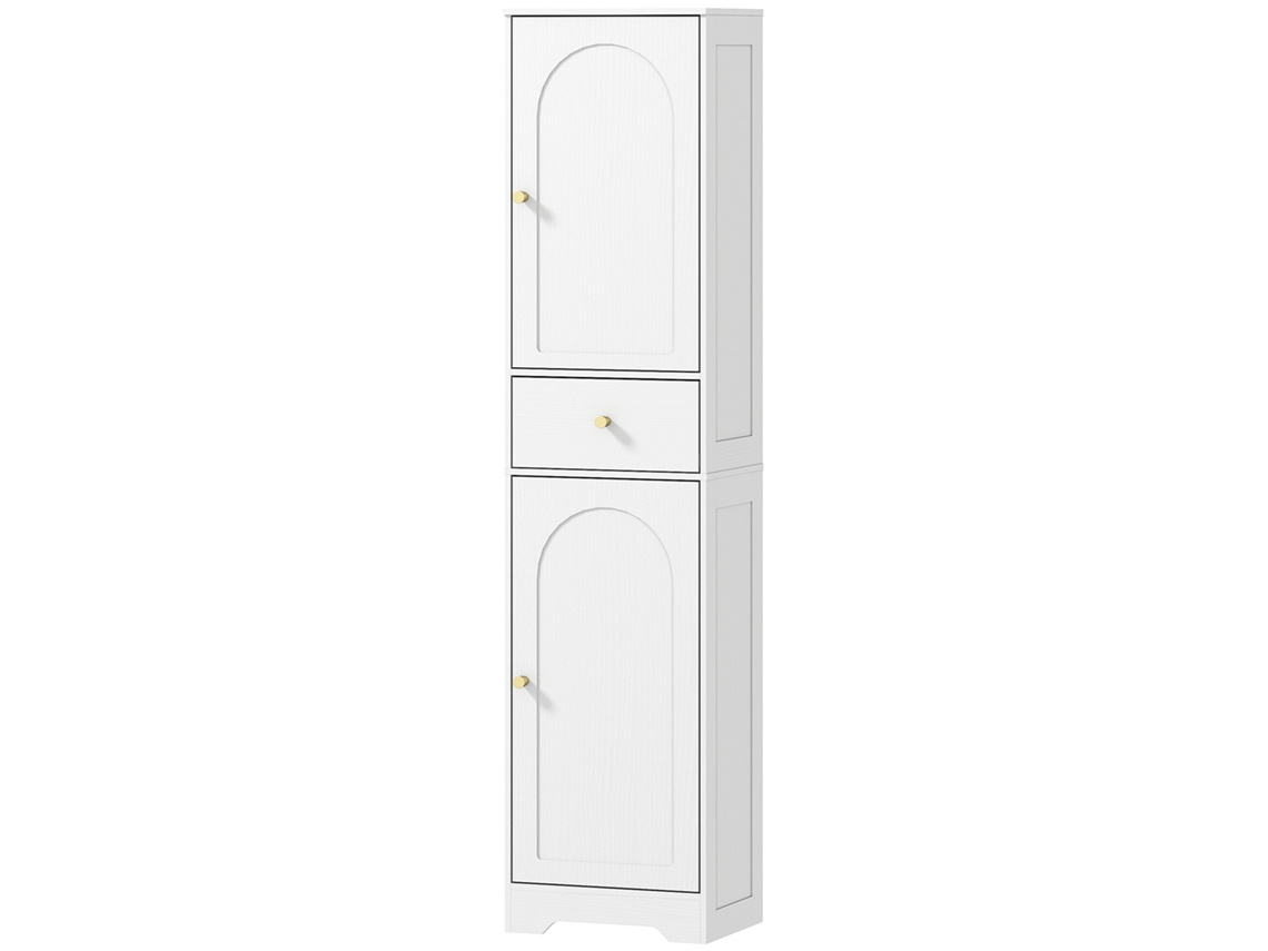 Coluna Casa De Banho Com 2 Portas Arqueadas Gaveta E Prateleiras Ajustáveis Armário Alto De 40x29,5x170 Cm Branco Com Veios