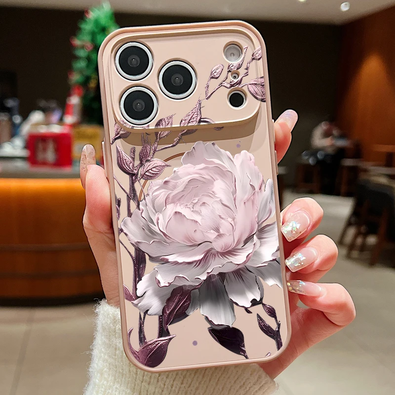Capa Rígida De Policarbonato Para Iphone 13 Pro Com Estampa Floral Romântica E Detalhes Magnéticos (dourada).