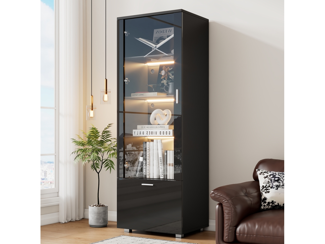 Vitrine Preta Alto Brilho Com Portas De Acrílico E Led, Vitrine Para Coleções, Perfumes, Livros E Armário De Acrílico Com 3 Prateleiras