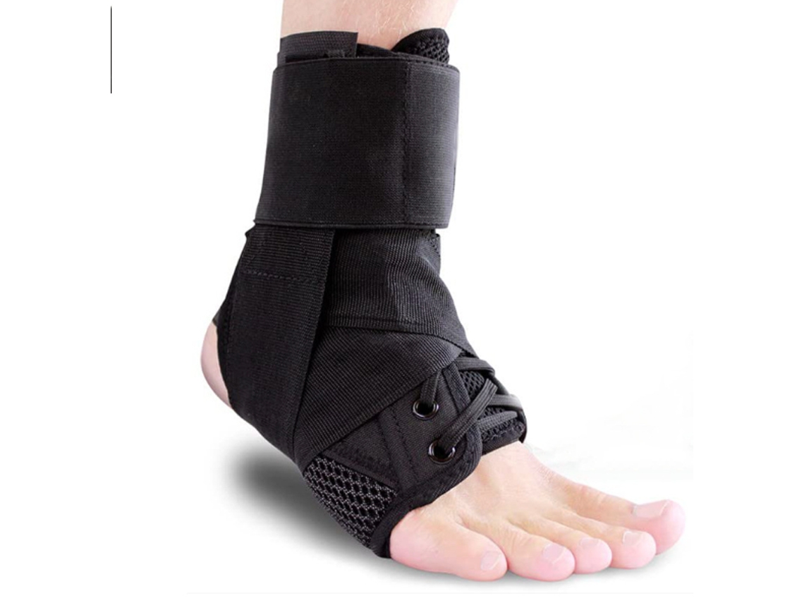 Tornozeleira em peça única com tiras de suporte ajustáveis, ideal para corrida, basquete e recuperação de lesões e entorses. HDDB