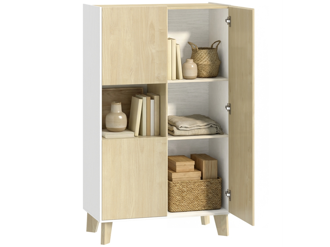 Armário de Cozinha com 6 Compartimentos e Portas de Fecho Suave, Branco e Cor Madeira