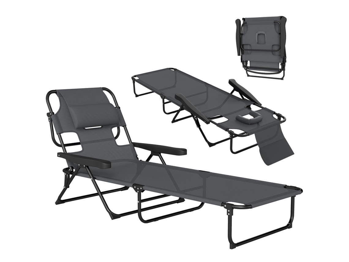 Cadeira De Jardim Dobrável Com Encosto Ajustável Em Quatro Posições, Orifício Para Leitura E Apoio De Cabeça. Dimensões: 72 Cm (c) X 194 Cm (l) X 89