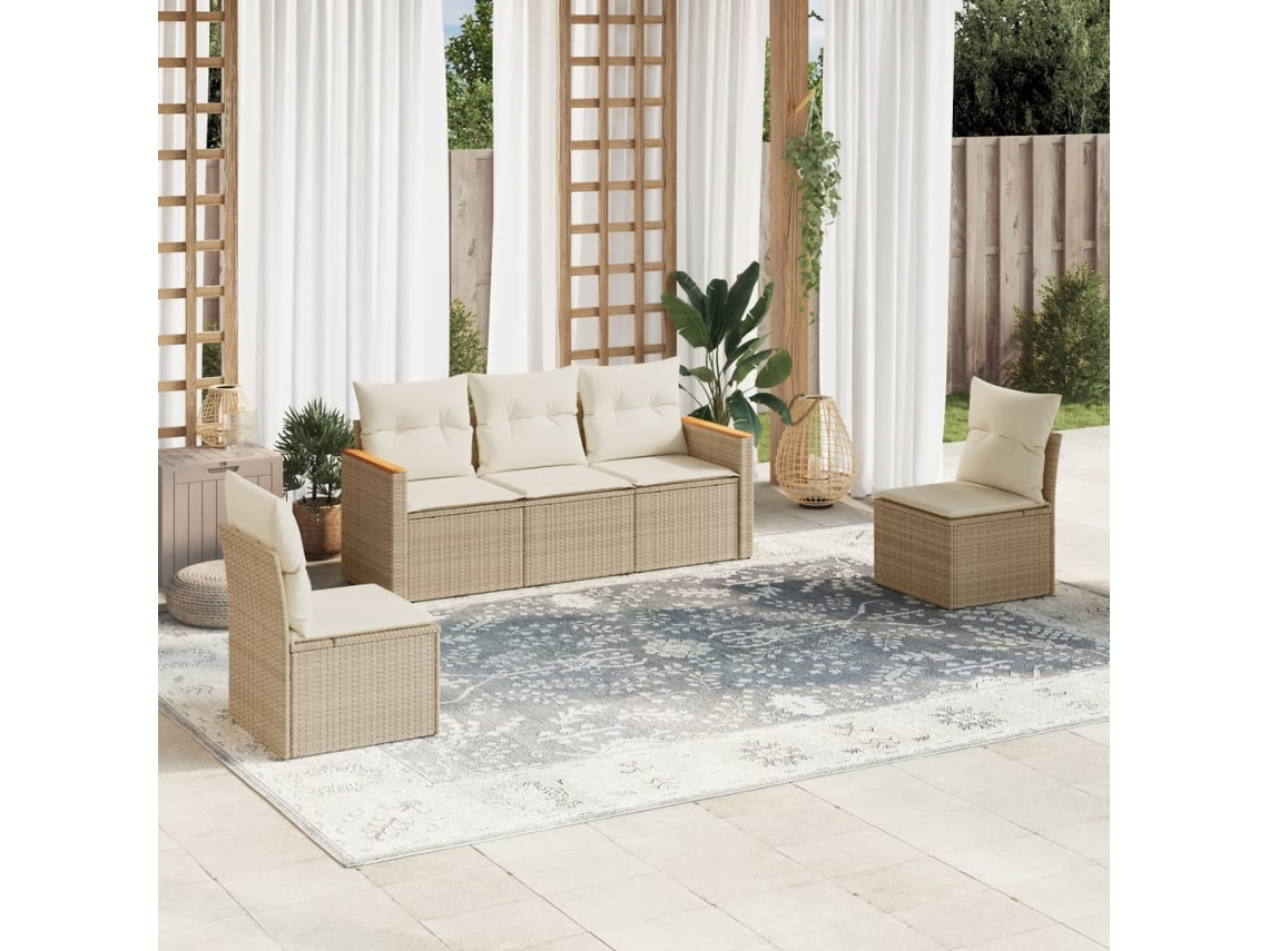 5 Pcs Conjunto De Sofás P/ Jardim Com Almofadões Vime Pe Bege Dkd Home Decor