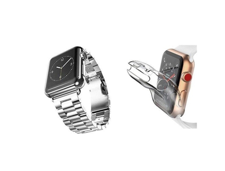 Kit Pulseira Bracelete Aço Stainless Lux Ferramenta Capa 360° Impact Protection Apple Watch Series 5 44Mm ATYULNM Cinza