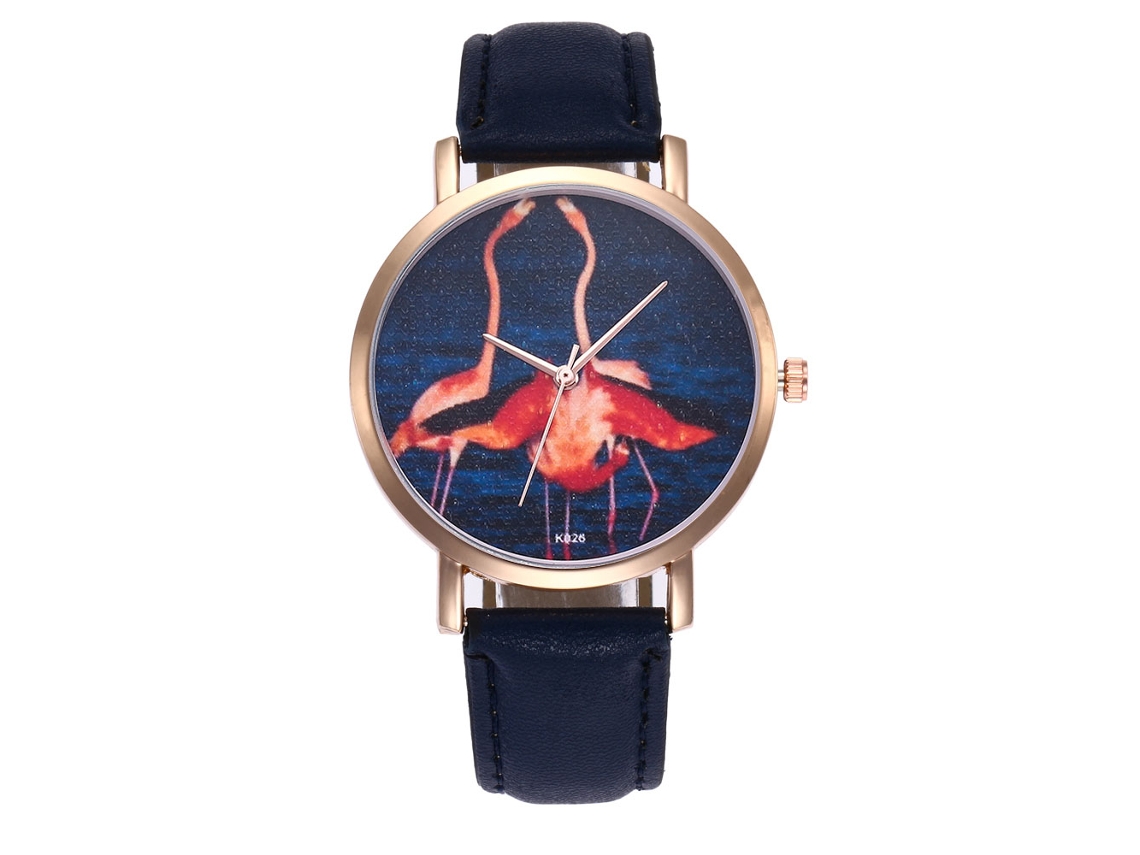 Relógio Feminino de Quartzo com Pulseira de Couro Pu Padrão de Pássaro Azul