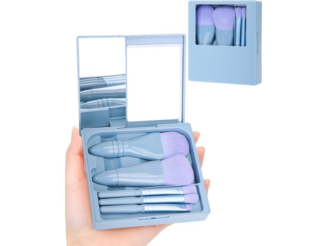 Conjunto de Pincéis de Maquiagem Mini com Estojo Duro e Espelho, 5 Peças (azul Céu)