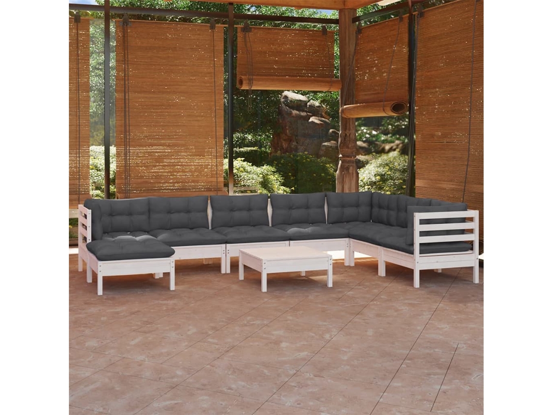 Vidaxl 9 Pcs Conj. Lounge De Jardim C/ Almofadões Pinho Maciço Branco