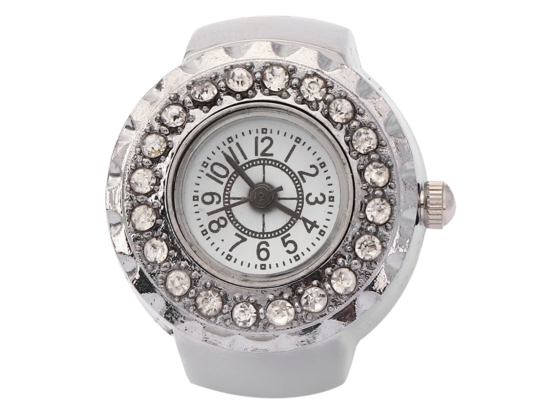 Relógio Anel Feminino de Quartzo com Strass Brilhante Prata Casual 24mm