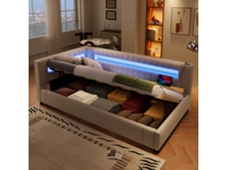 Sofá cama Linho Bege 90x200 Led Usb c Hidráulica