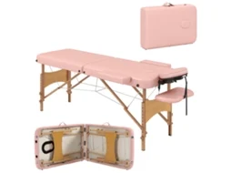 Mesa de Massagem Dobrável com Alça Removível para Apoio de Cabeça, Estrutura de Madeira e Altura Ajustável 210x81x67 92 Cm Rosa Ge