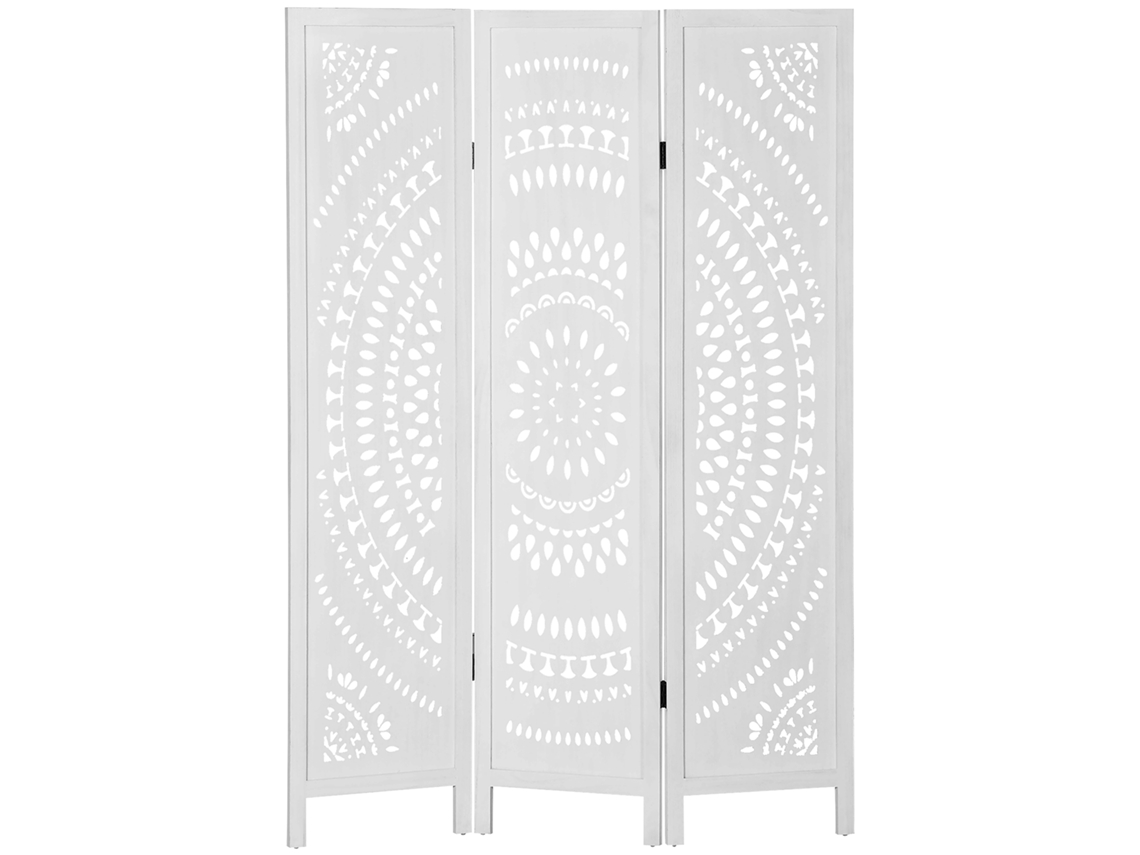 Divisória Dobrável Interna com 3 Painéis de Madeira Entalhados. 120x170cm. Branco Ge