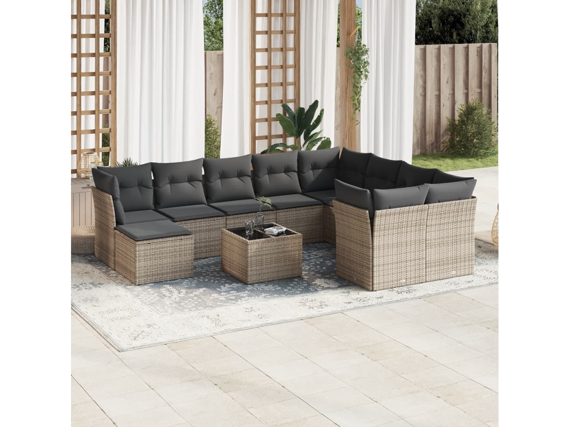 Jogo de Sofá Jardim 11 Peças C/ Almofadões Vime Pe Cinza Dkd Home Decor