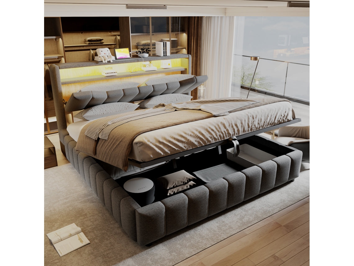 Cama Estofada Tecido Cinza 180x200 Cm