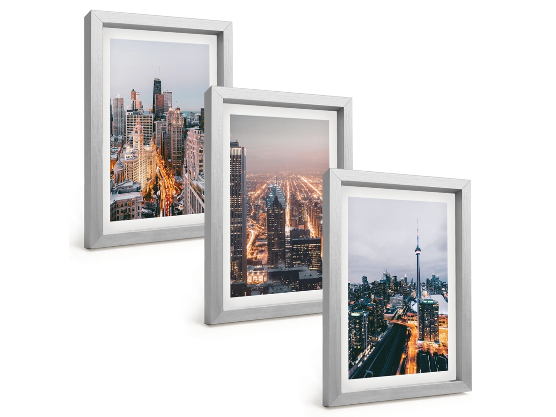 Composição De Quadros Na Paredecidades À Noite, Arranha-céus, Luzes Moldura Prateada Quadros Para A Sala De Estar Espelharte (3 Peças 20x30 Cm)