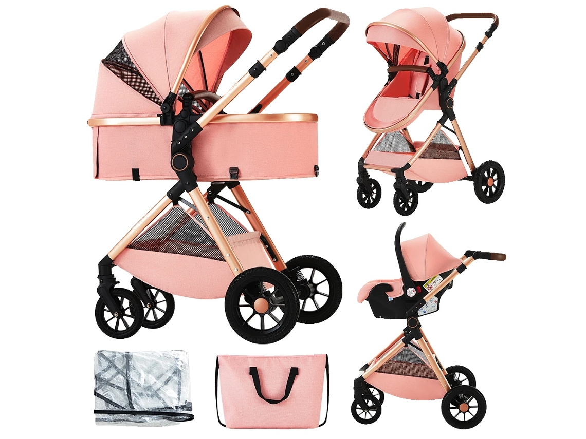Carrinho De Bebê, Funcionalidade 3 Em 1, Design De Dobragem Fácil, Rosa