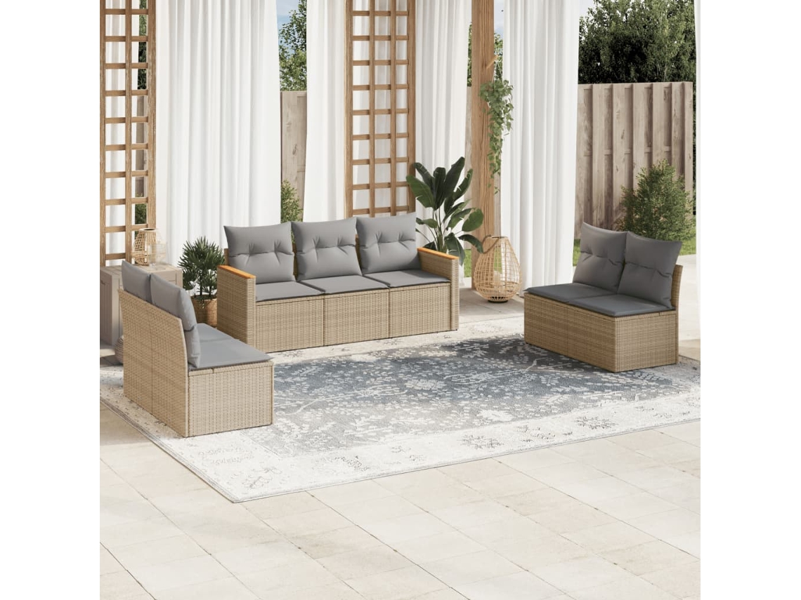7 Pcs Conj. Sofás Jardim C/ Almofadões Vime Pe Bege Misturado Dkd Home Decor