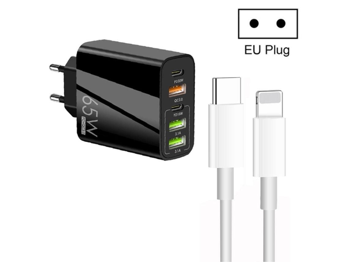 65w Dual Pd Tipo C + 3 Usb multiporta com 3a Tipo C para Cabo de Dados de 8 Pinos, plugue UE preto XIAOMOYU