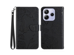 Capa De Couro Com Estampa De Flor De Borboleta E Alça Para Xiaomi Redmi Note 14 4g (164,84 Mm) Preta