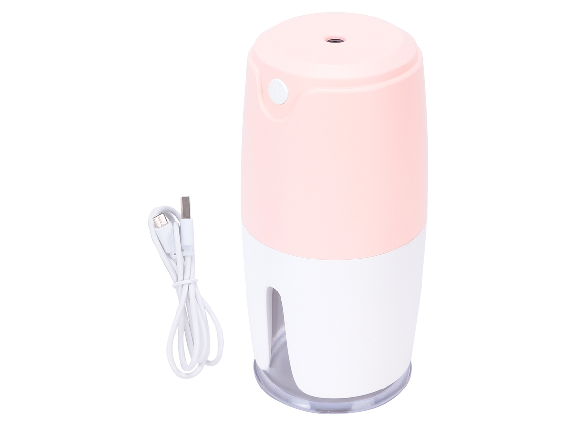 Umidificador USB silencioso para aromaterapia, ideal para carro, mesa ou quarto, cor rosa branco.