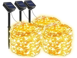 Conjunto de 3 Cordas de Luz Solar com Fio de Cobre 8 Modos Luz Quente 12 Metros 100 Leds Solar Comum ZMDECQNA