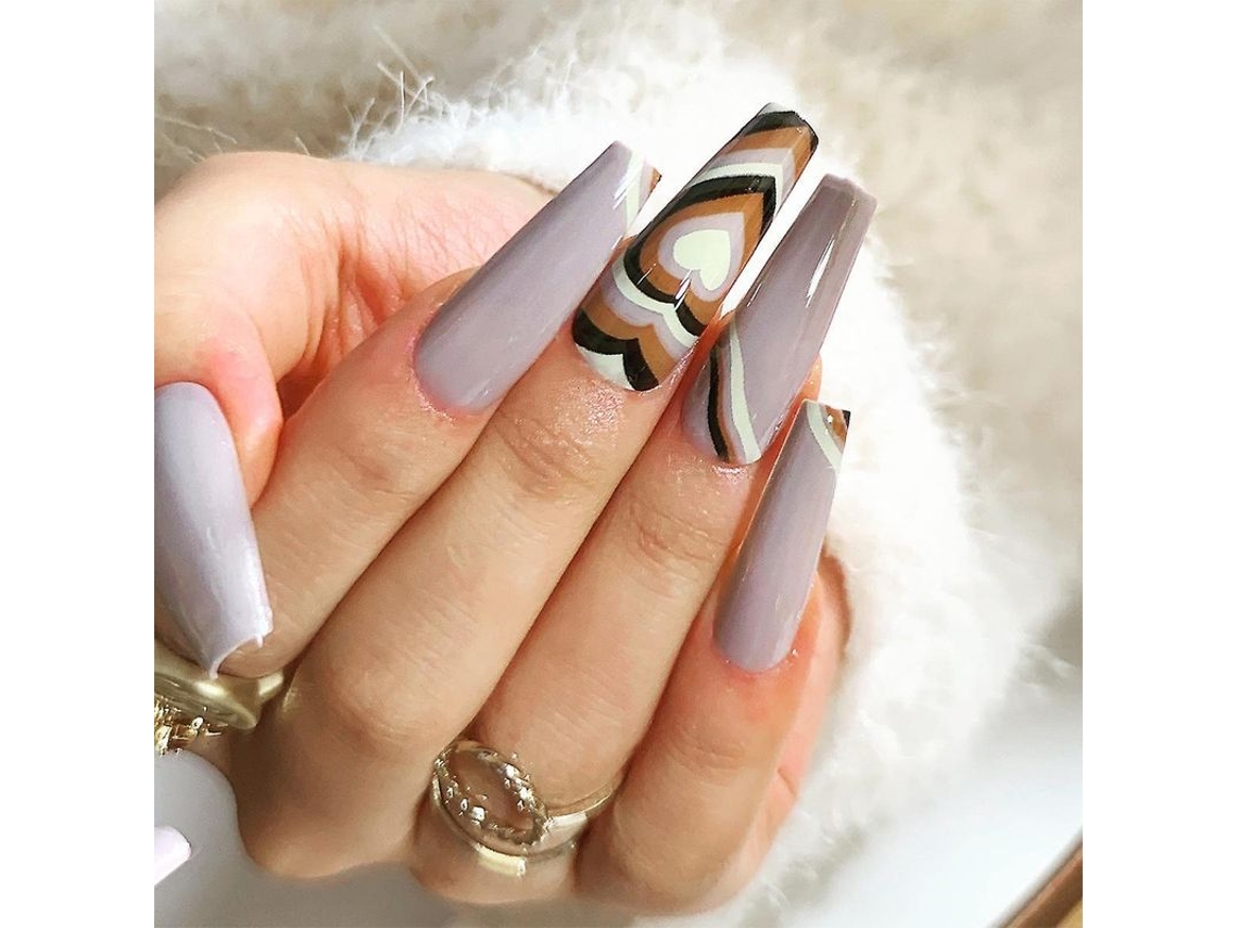 Dicas de Unhas Falsas Artificiais Diy Cor Café Onda Série Coração de Pêssego 24 Peças