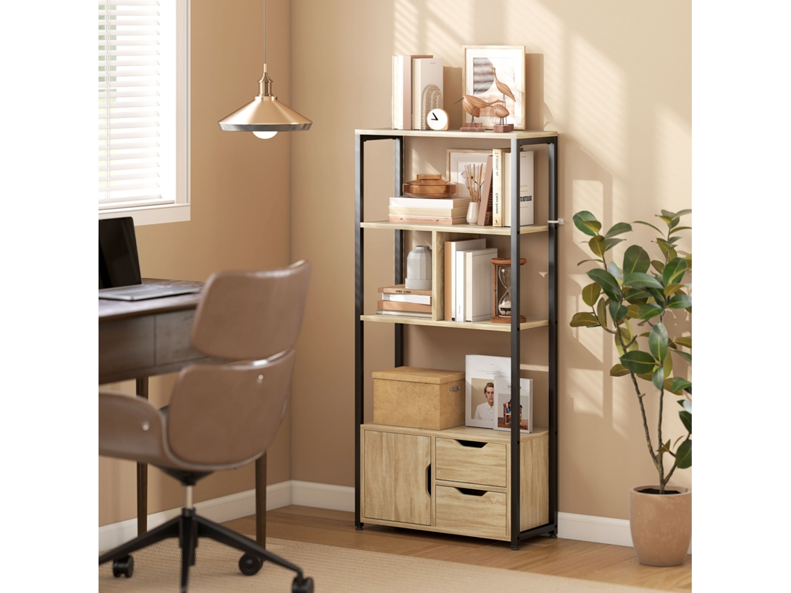 Estante Estilo Industrial Com 3 Prateleiras, Armário Com Porta E 2 Gavetas, 58 X 24 X 122 Cm, Efeito Madeira Natural, Aço Preto.