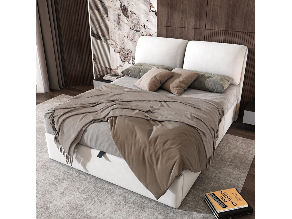 Cama box veludo 140x190cm hidráulica, 3 gavetas, base ripada, 300kg, confortável, sem colchão bege KOMHTOM