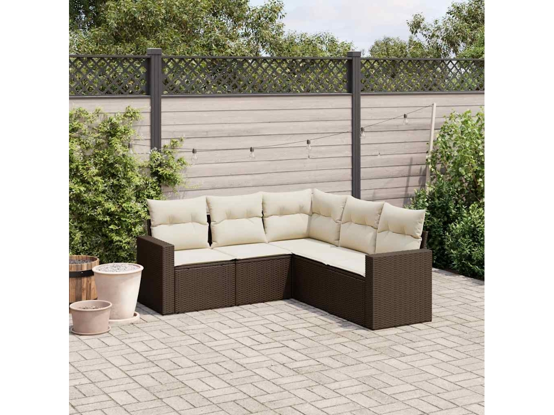 Vidaxl 5 Pcs Conjunto Sofás P/ Jardim C/ Almofadões Vime Pe Castanho