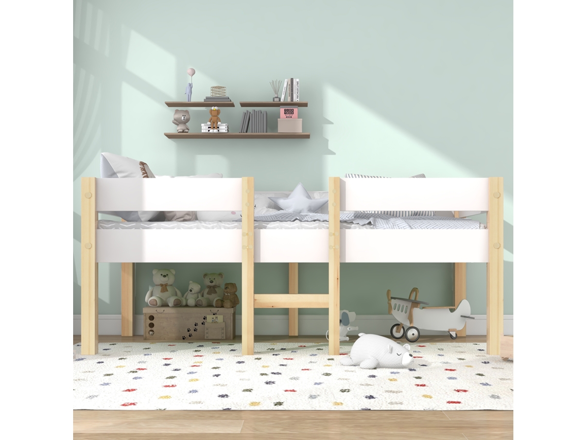 Berço Infantil Com Proteção Contra Quedas, Pinho Maciço 90x200 Cm, Branco E Carvalho.