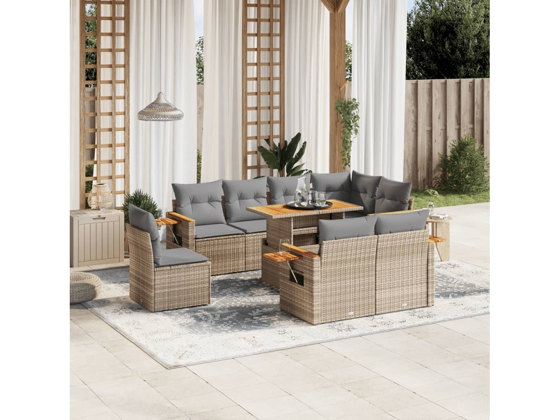 Vidaxl 9 Pcs Conjunto De Sofás P/ Jardim Com Almofadões Vime Pe Bege