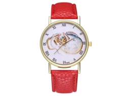Relógio de pulso vintage de quartzo para mulheres e homens com pulseira de couro PU vermelha com estampa animal.